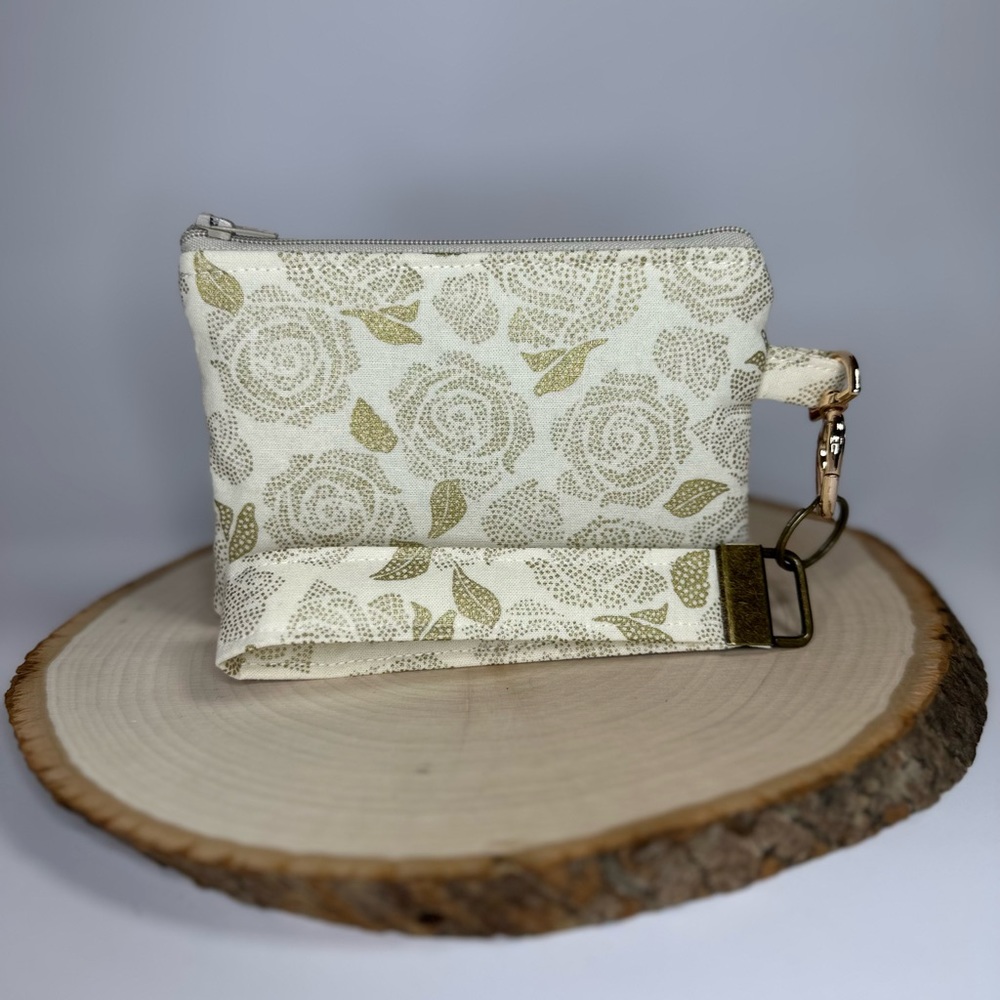 Metallic Gold Floral Rose Zipper Pouch Wristlet with Removable Strap